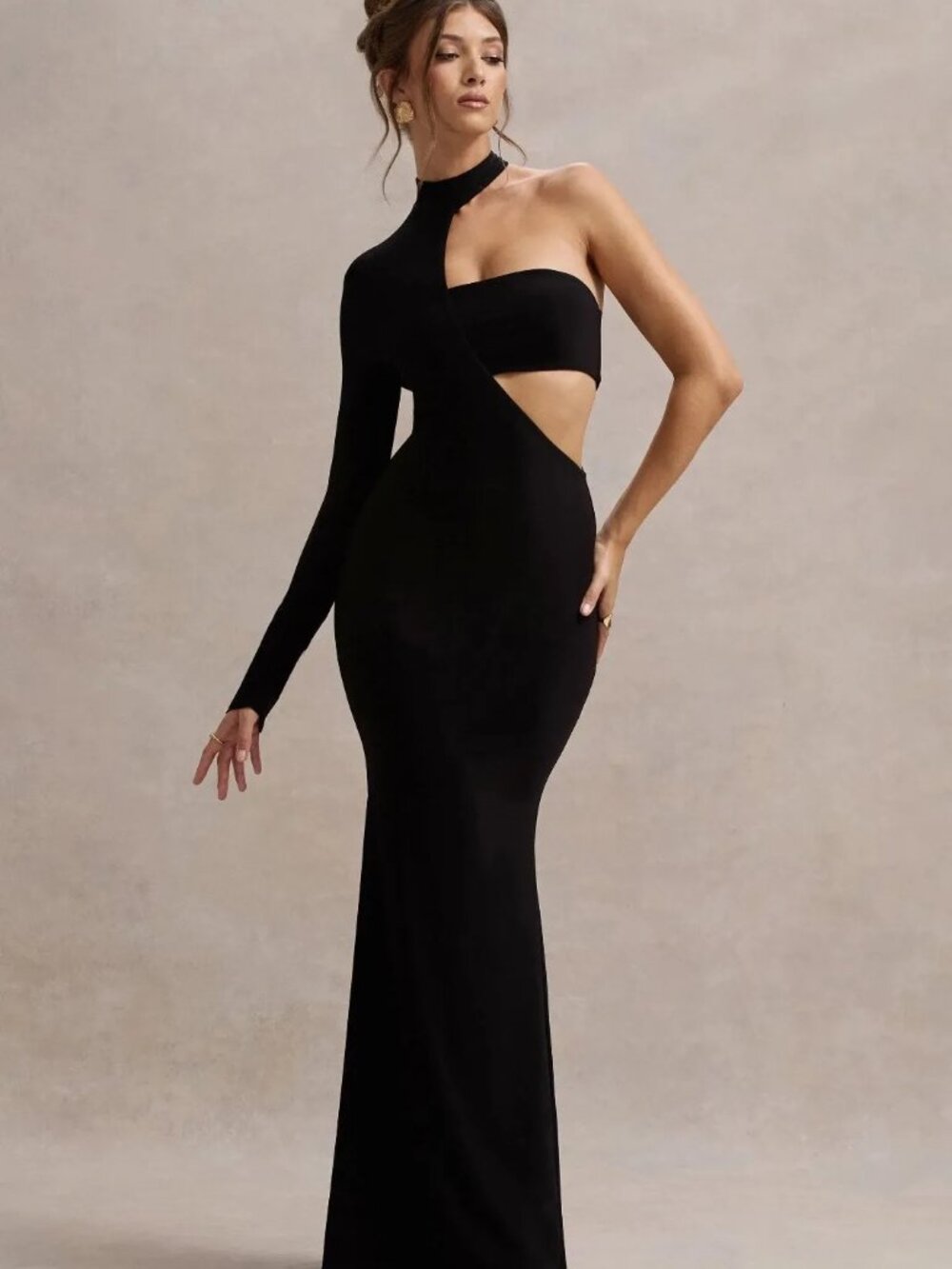 CLUB LONDON Socialite Black One-Sleeve Cut-Out Maxi Length Dress Women's Size 2 - Picture 2 of 10